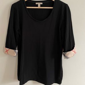 Burberry Brit Womens  Black T-Shirt 3/4 Sleeve Nova Check Plaid Cuffs Size L